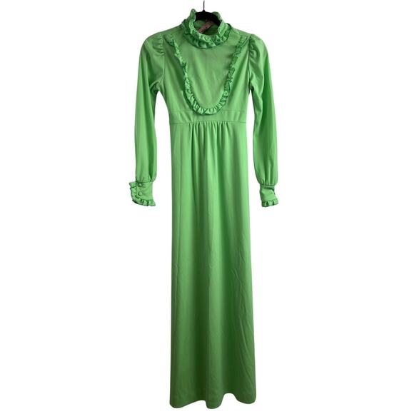 Vintage Dresses & Skirts - Vintage Prairie Green Ruffle 70s/ 80s Bridesmaid Maxi Dress Cottagecore Size XS